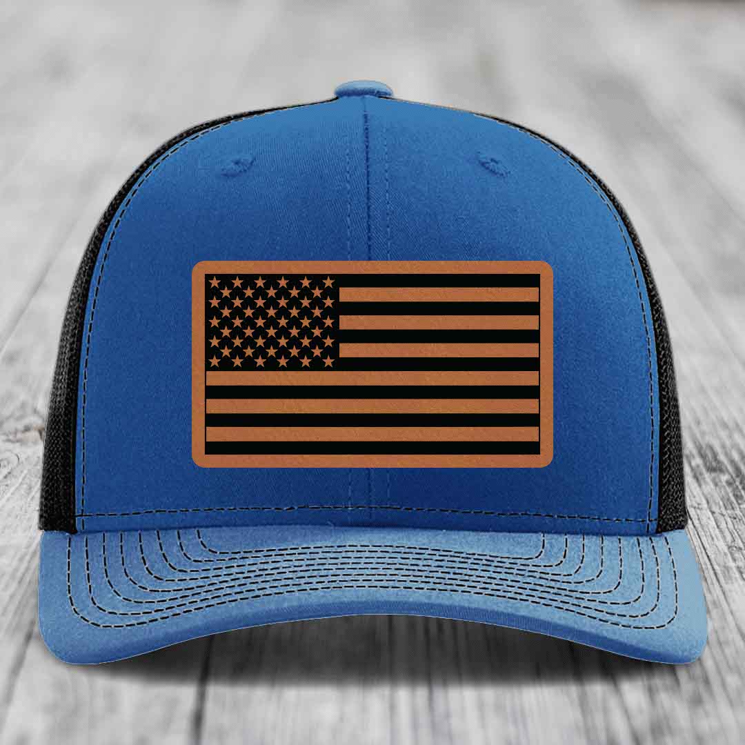 American Flag - Leather Patch Hat - Rawhide to Black Patch - Richardson 112 Snapback Trucker Hat