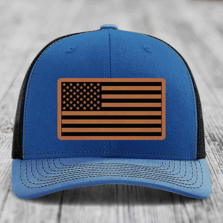 American Flag - Leather Patch Hat - Rawhide to Black Patch - Richardson 112 Snapback Trucker Hat