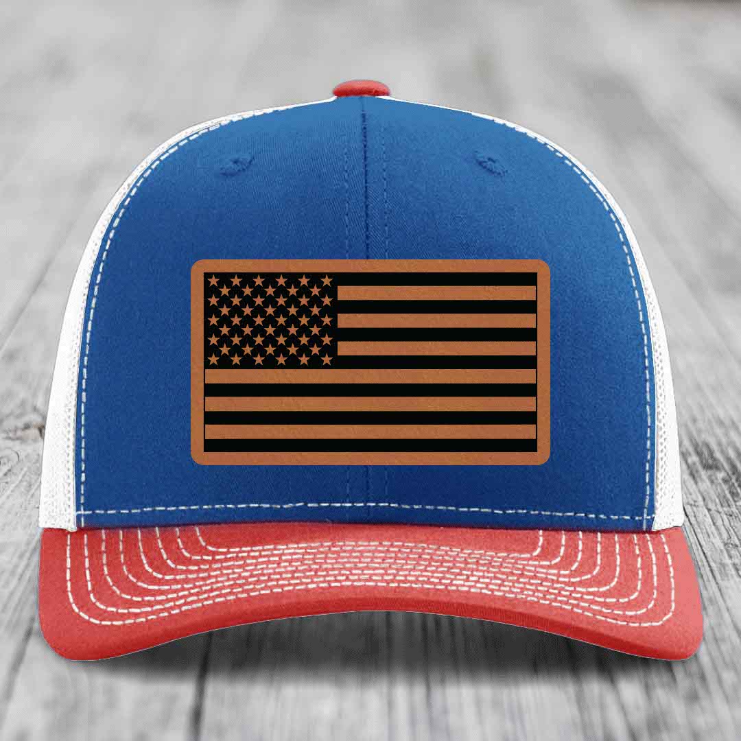 American Flag - Leather Patch Hat - Rawhide to Black Patch - Richardson 112 Snapback Trucker Hat