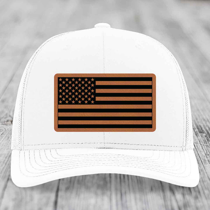 American Flag - Leather Patch Hat - Rawhide to Black Patch - Richardson 112 Snapback Trucker Hat
