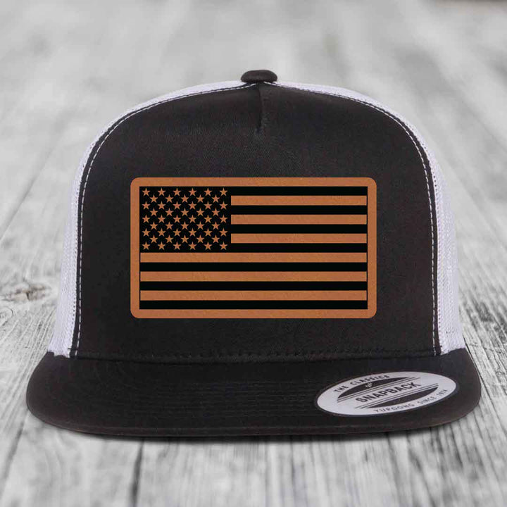 American Flag - Leather Patch Hat - Rawhide to Black Patch - Yupoong 6006 Snapback Flatbill Hat