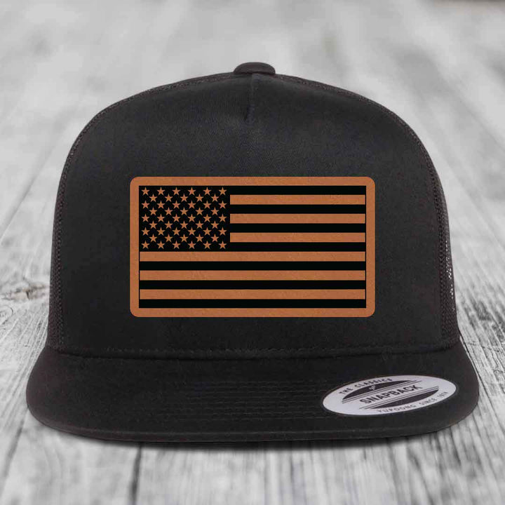 American Flag - Leather Patch Hat - Rawhide to Black Patch - Yupoong 6006 Snapback Flatbill Hat