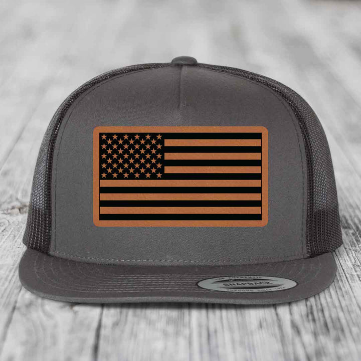 American Flag - Leather Patch Hat - Rawhide to Black Patch - Yupoong 6006 Snapback Flatbill Hat