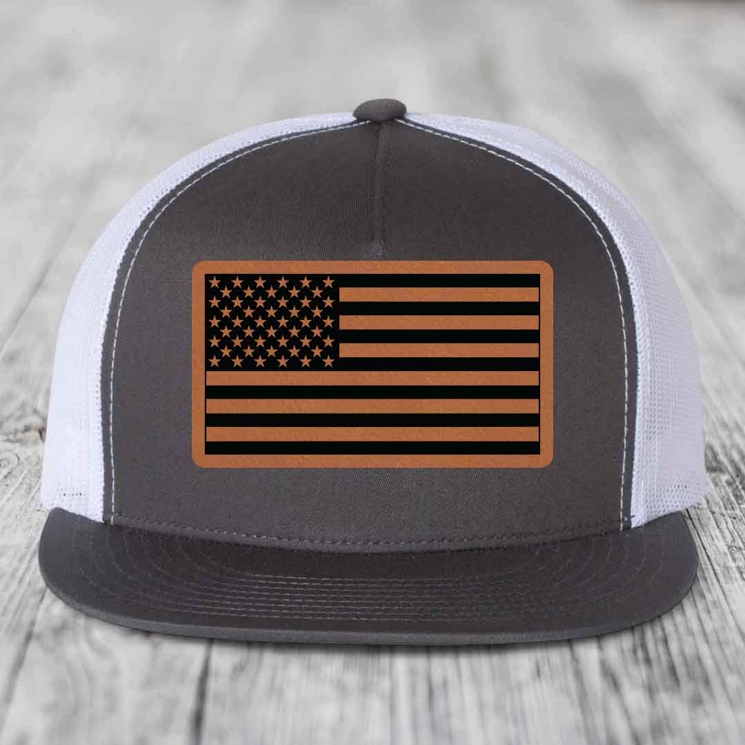 American Flag - Leather Patch Hat - Rawhide to Black Patch - Yupoong 6006 Snapback Flatbill Hat