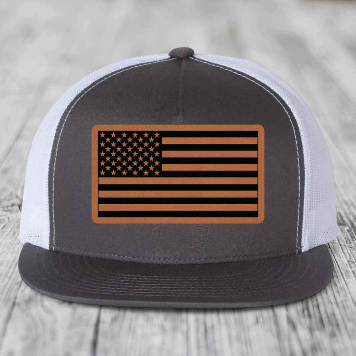 American Flag - Leather Patch Hat - Rawhide to Black Patch - Yupoong 6006 Snapback Flatbill Hat