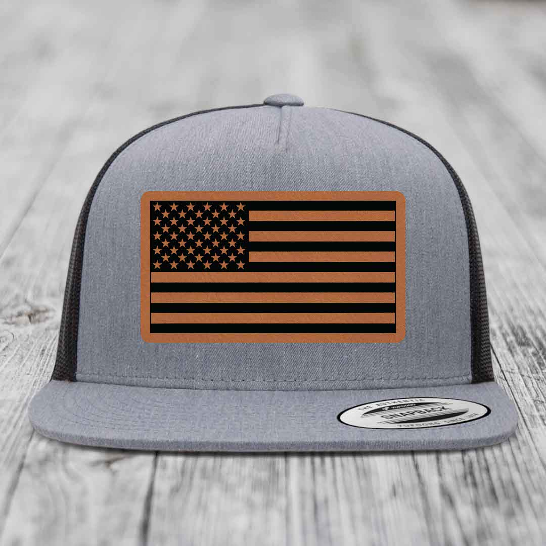 American Flag - Leather Patch Hat - Rawhide to Black Patch - Yupoong 6006 Snapback Flatbill Hat