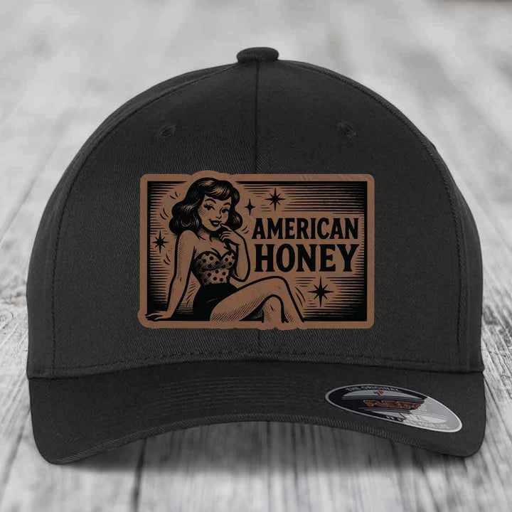 American Honey - Leather Patch Hat - Dark Brown to Black Patch - Flexfit 6277 Fitted Hat