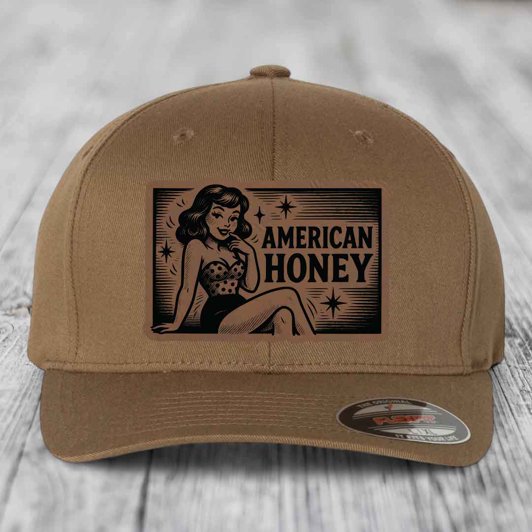 American Honey - Leather Patch Hat - Dark Brown to Black Patch - Flexfit 6277 Fitted Hat