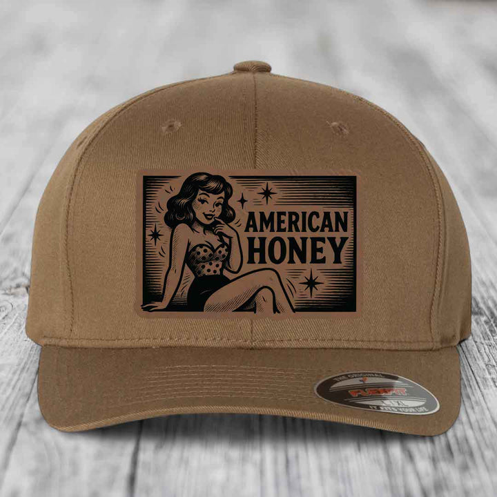 American Honey - Leather Patch Hat - Dark Brown to Black Patch - Flexfit 6277 Fitted Hat