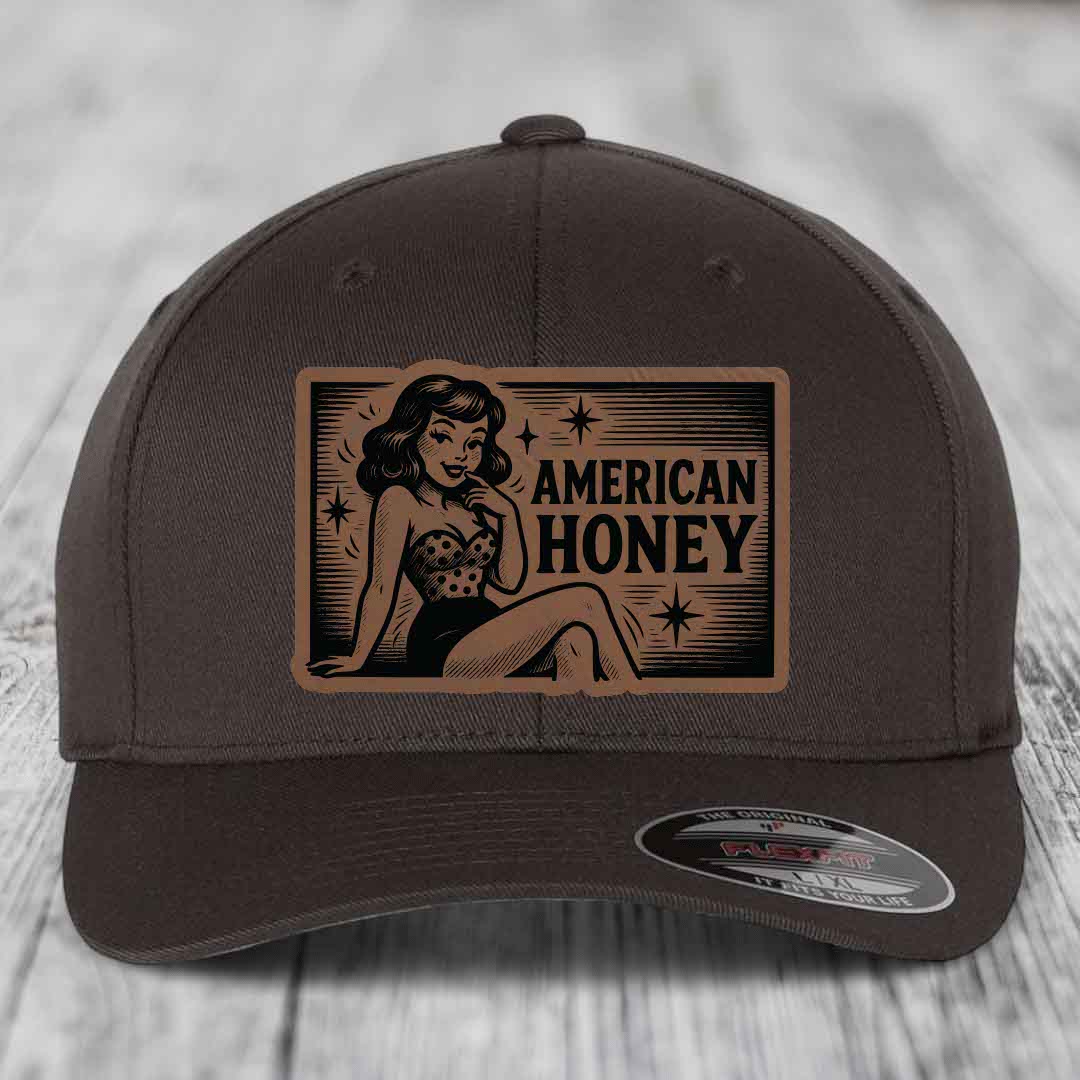 American Honey - Leather Patch Hat - Dark Brown to Black Patch - Flexfit 6277 Fitted Hat