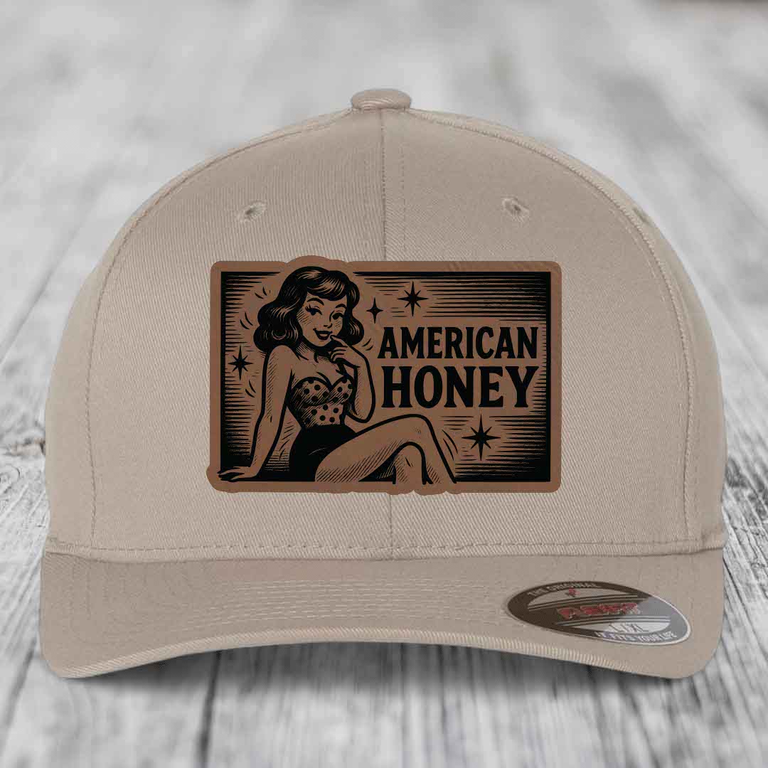 American Honey - Leather Patch Hat - Dark Brown to Black Patch - Flexfit 6277 Fitted Hat