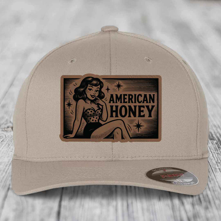American Honey - Leather Patch Hat - Dark Brown to Black Patch - Flexfit 6277 Fitted Hat