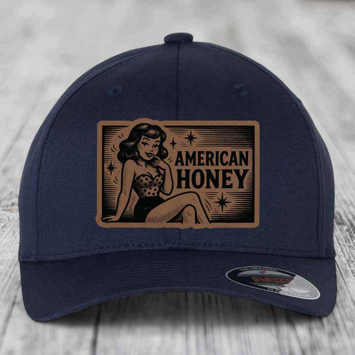 American Honey - Leather Patch Hat - Dark Brown to Black Patch - Flexfit 6277 Fitted Hat