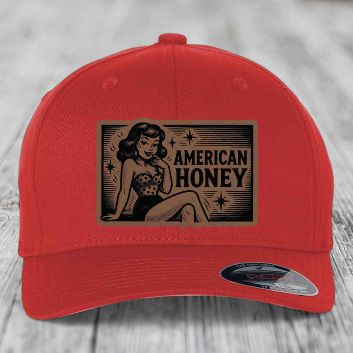 American Honey - Leather Patch Hat - Dark Brown to Black Patch - Flexfit 6277 Fitted Hat
