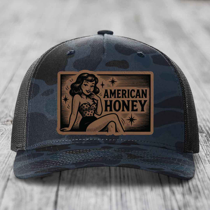 American Honey - Leather Patch Hat - Dark Brown to Black Patch - Richardson 112PFP Snapback Trucker Hat