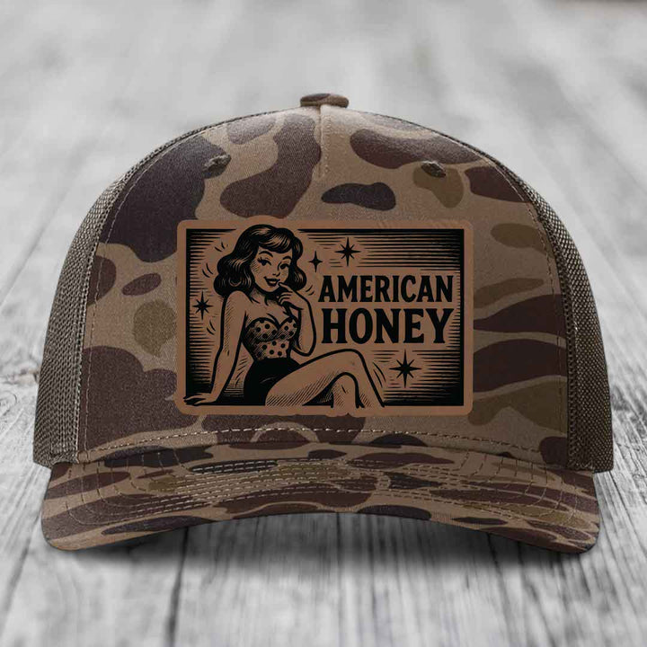 American Honey - Leather Patch Hat - Dark Brown to Black Patch - Richardson 112PFP Snapback Trucker Hat