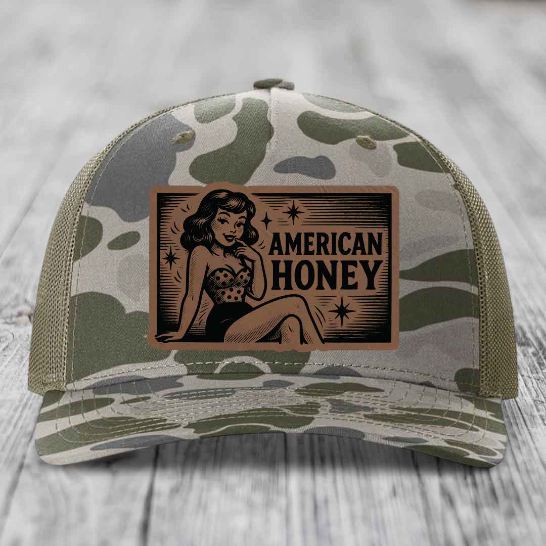 American Honey - Leather Patch Hat - Dark Brown to Black Patch - Richardson 112PFP Snapback Trucker Hat