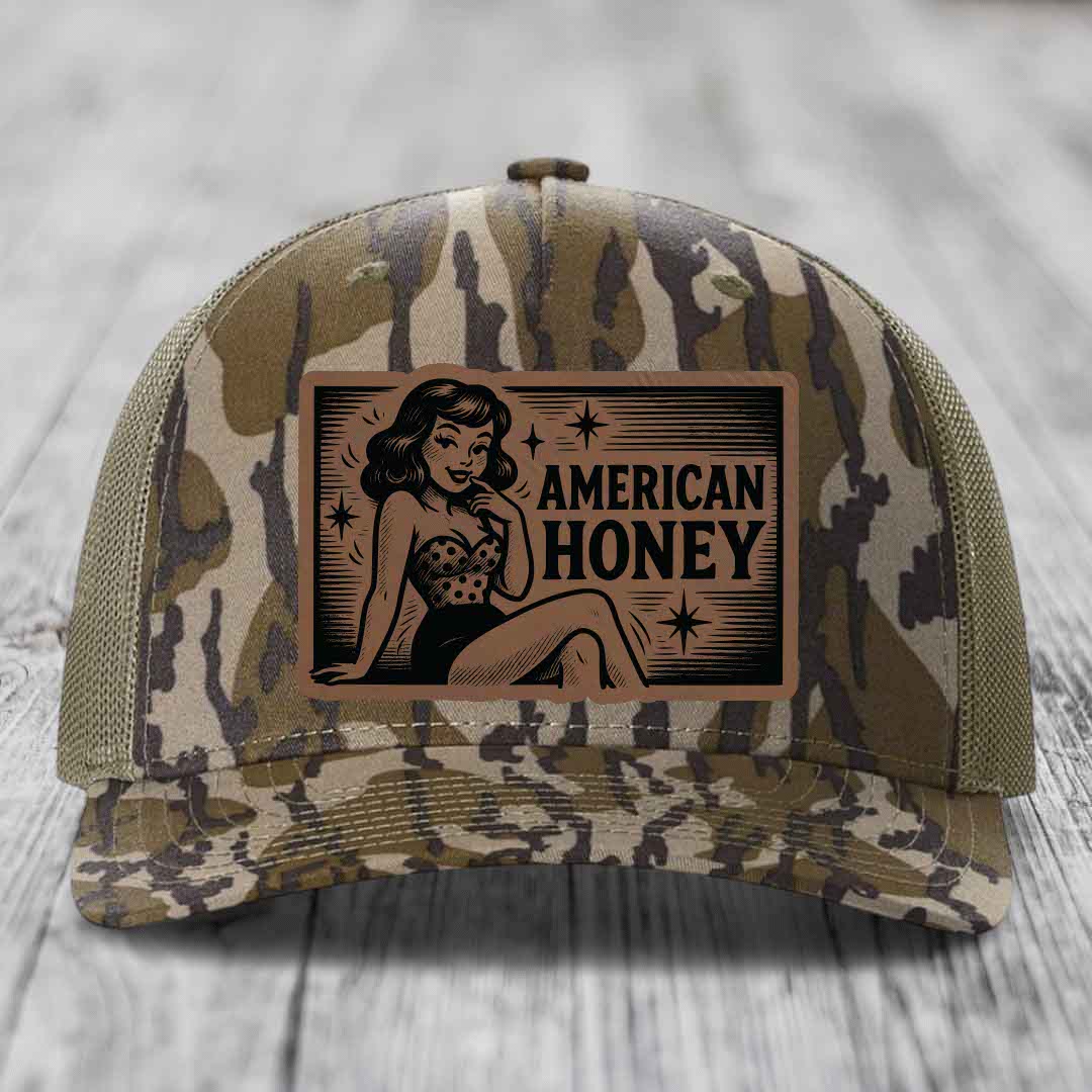 American Honey - Leather Patch Hat - Dark Brown to Black Patch - Richardson 112PFP Snapback Trucker Hat