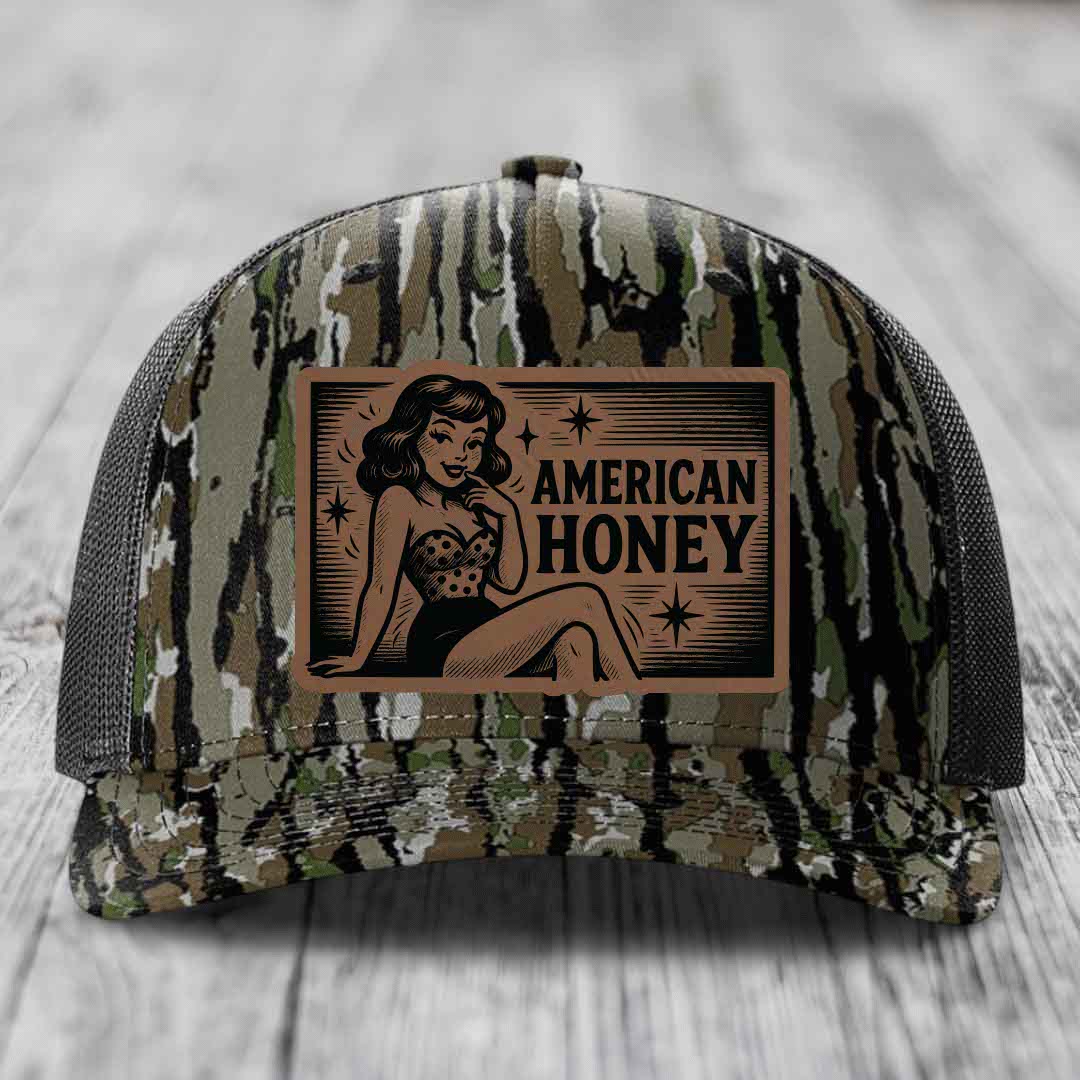 American Honey - Leather Patch Hat - Dark Brown to Black Patch - Richardson 112PFP Snapback Trucker Hat