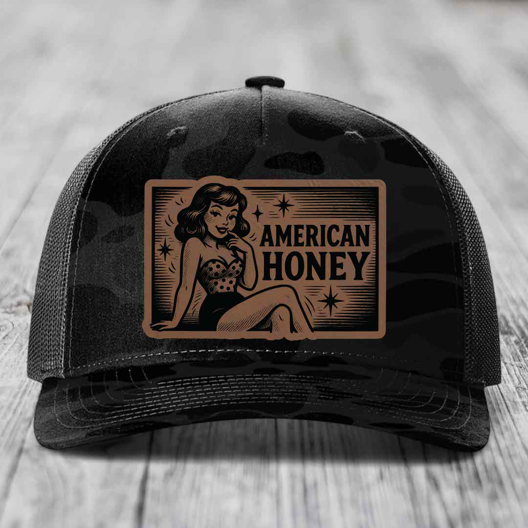 American Honey - Leather Patch Hat - Dark Brown to Black Patch - Richardson 112PFP Snapback Trucker Hat