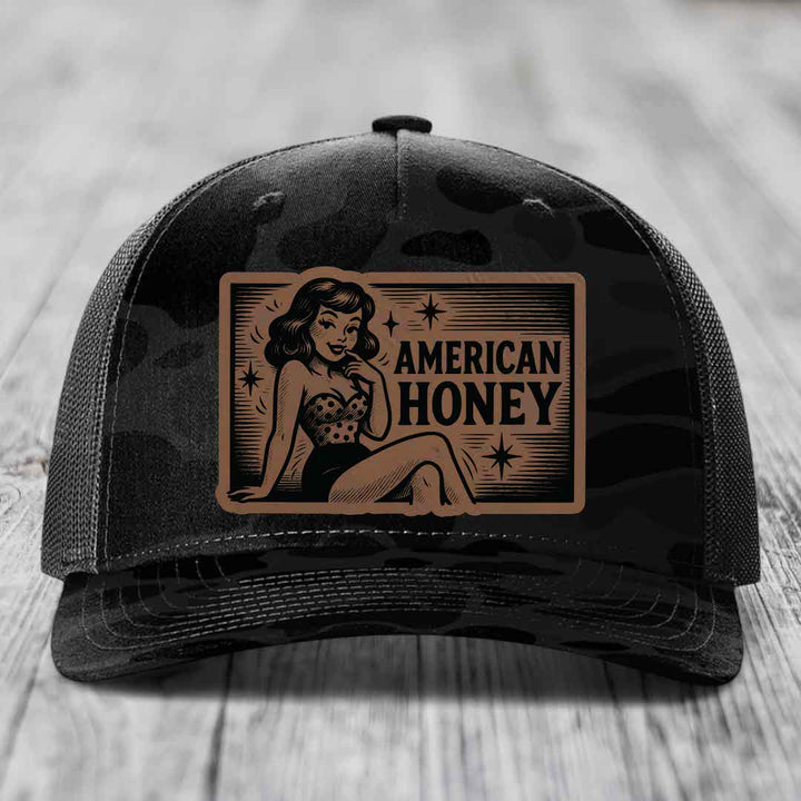 American Honey - Leather Patch Hat - Dark Brown to Black Patch - Richardson 112PFP Snapback Trucker Hat