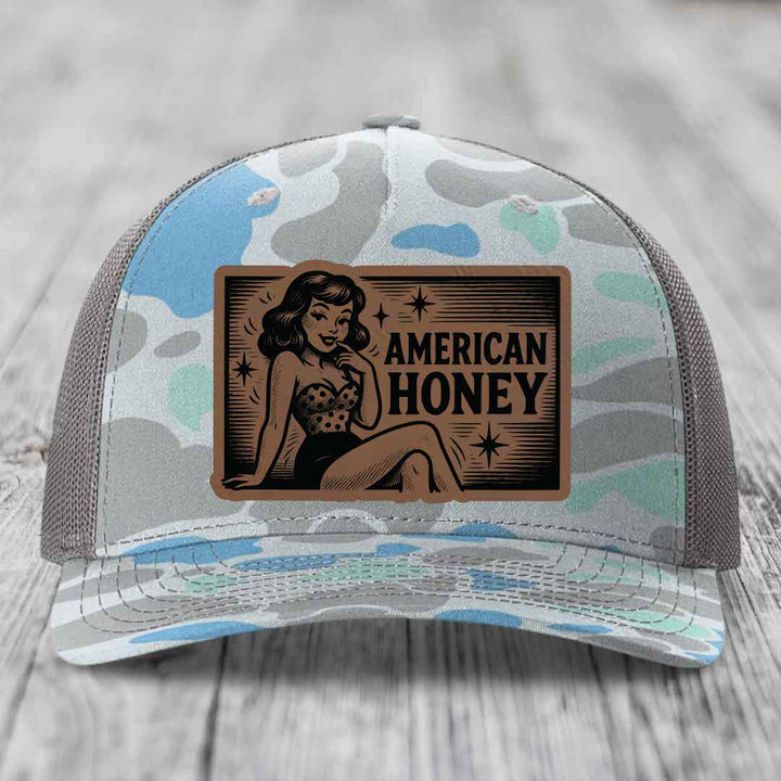 American Honey - Leather Patch Hat - Dark Brown to Black Patch - Richardson 112PFP Snapback Trucker Hat