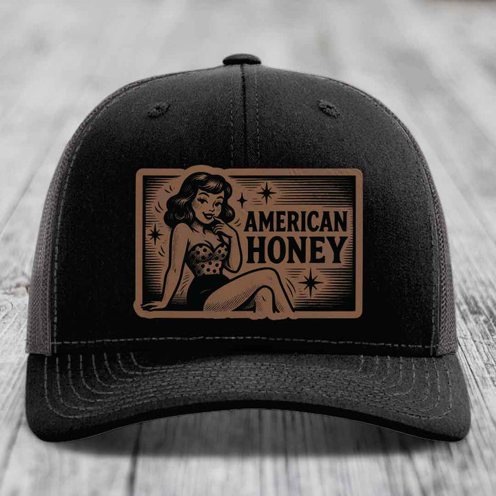 American Honey - Leather Patch Hat - Dark Brown to Black Patch - Richardson 112 Snapback Trucker Hat