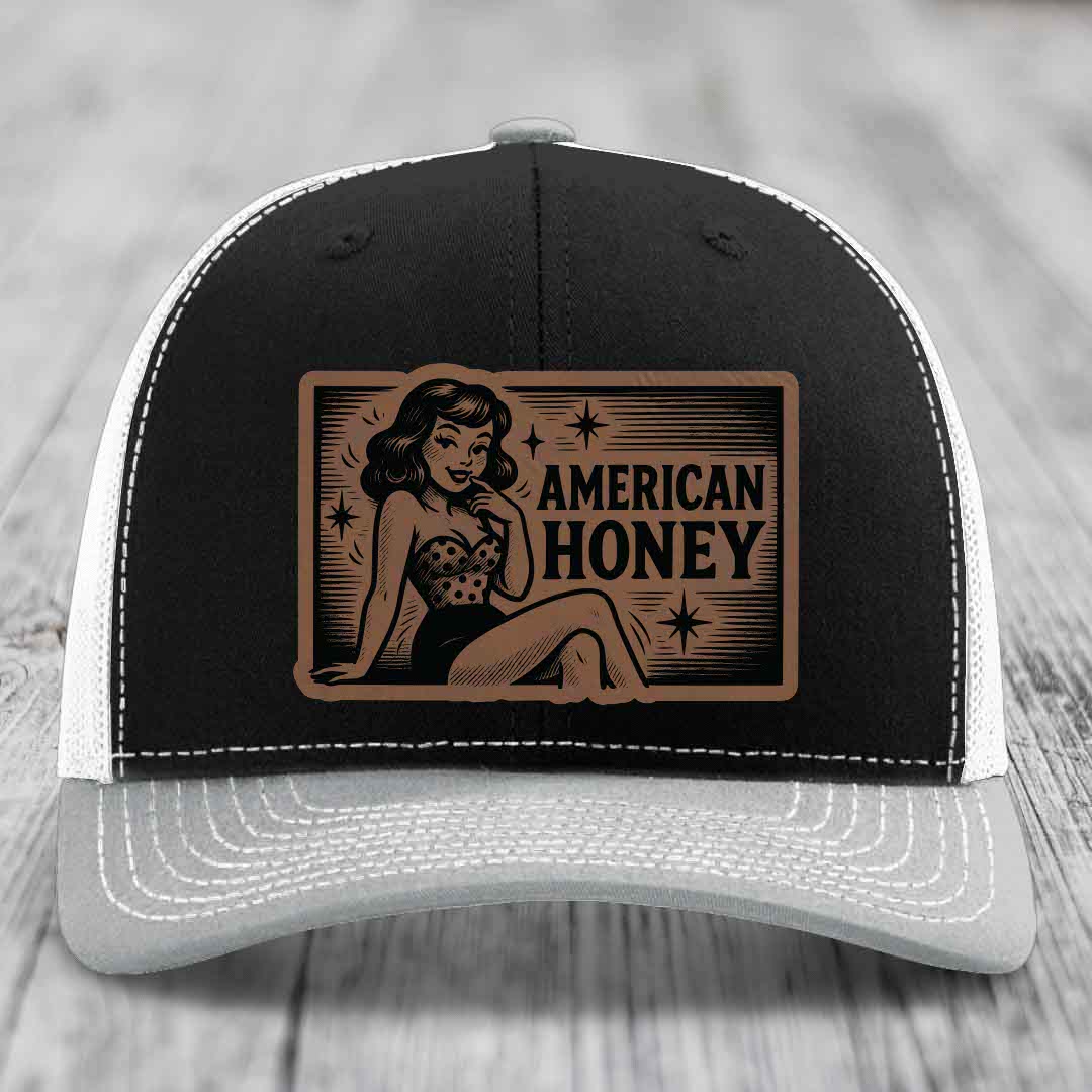 American Honey - Leather Patch Hat - Dark Brown to Black Patch - Richardson 112 Snapback Trucker Hat