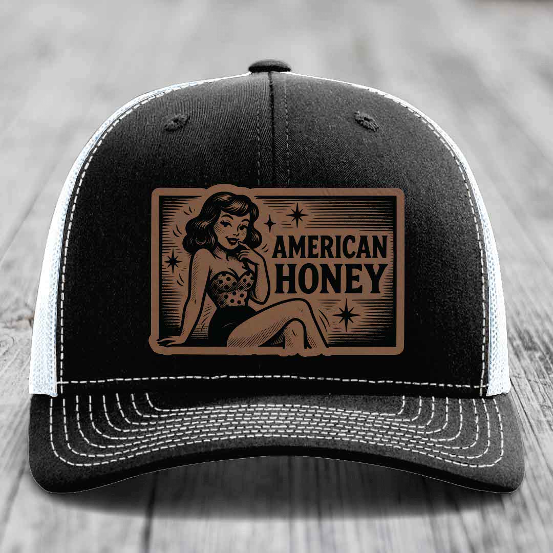 American Honey - Leather Patch Hat - Dark Brown to Black Patch - Richardson 112 Snapback Trucker Hat