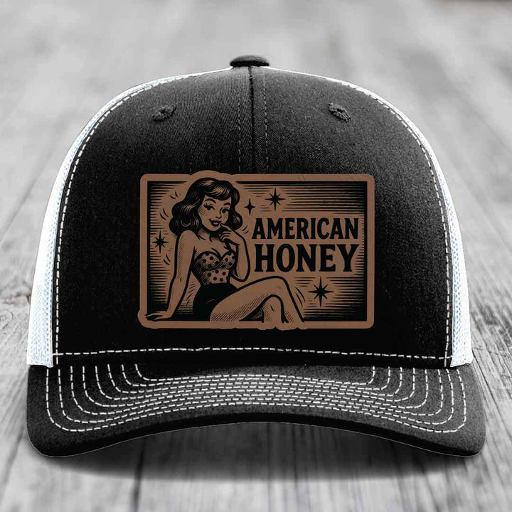 American Honey - Leather Patch Hat - Dark Brown to Black Patch - Richardson 112 Snapback Trucker Hat