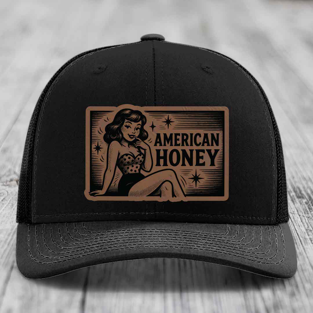 American Honey - Leather Patch Hat - Dark Brown to Black Patch - Richardson 112 Snapback Trucker Hat