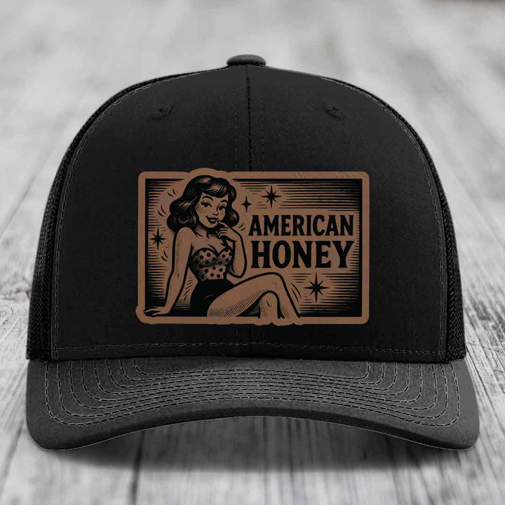American Honey - Leather Patch Hat - Dark Brown to Black Patch - Richardson 112 Snapback Trucker Hat