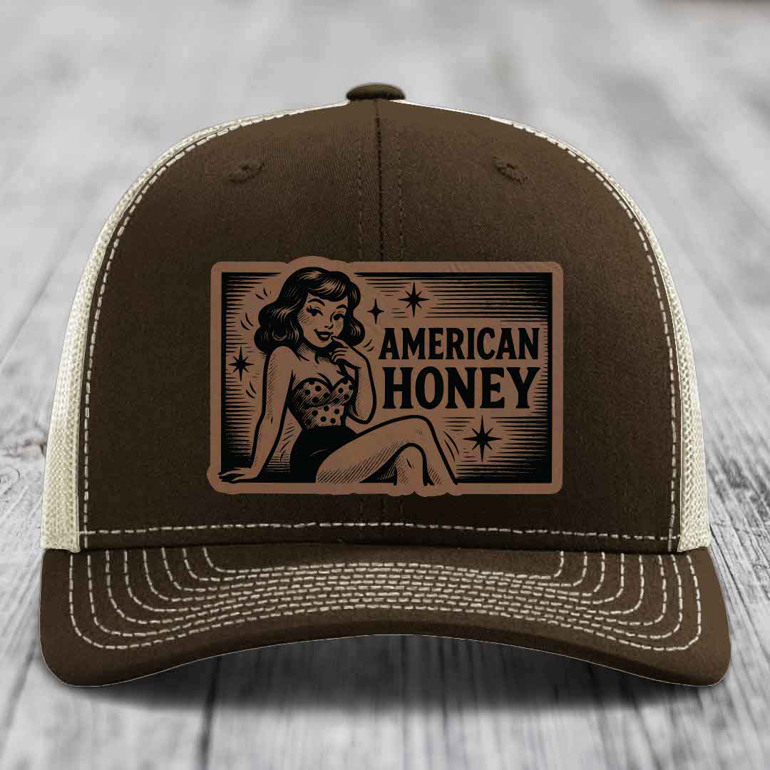 American Honey - Leather Patch Hat - Dark Brown to Black Patch - Richardson 112 Snapback Trucker Hat