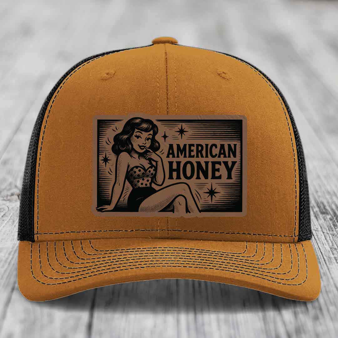 American Honey - Leather Patch Hat - Dark Brown to Black Patch - Richardson 112 Snapback Trucker Hat