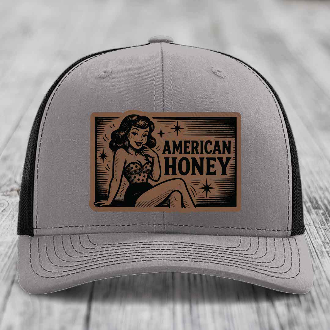American Honey - Leather Patch Hat - Dark Brown to Black Patch - Richardson 112 Snapback Trucker Hat