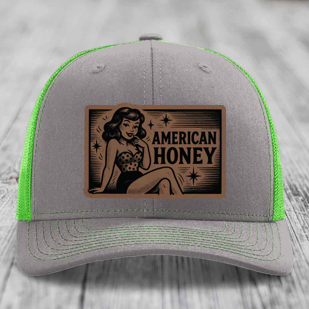 American Honey - Leather Patch Hat - Dark Brown to Black Patch - Richardson 112 Snapback Trucker Hat