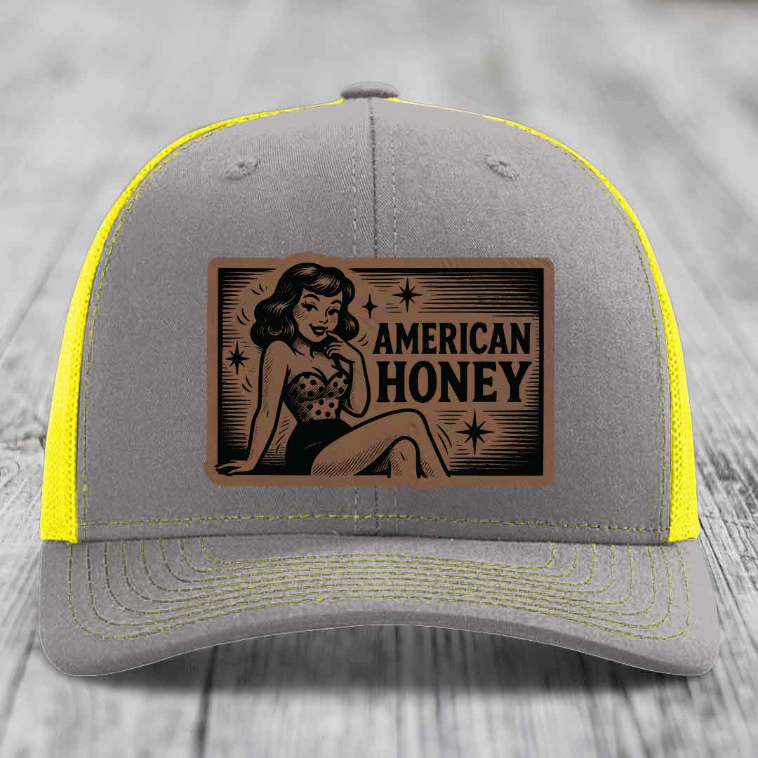 American Honey - Leather Patch Hat - Dark Brown to Black Patch - Richardson 112 Snapback Trucker Hat