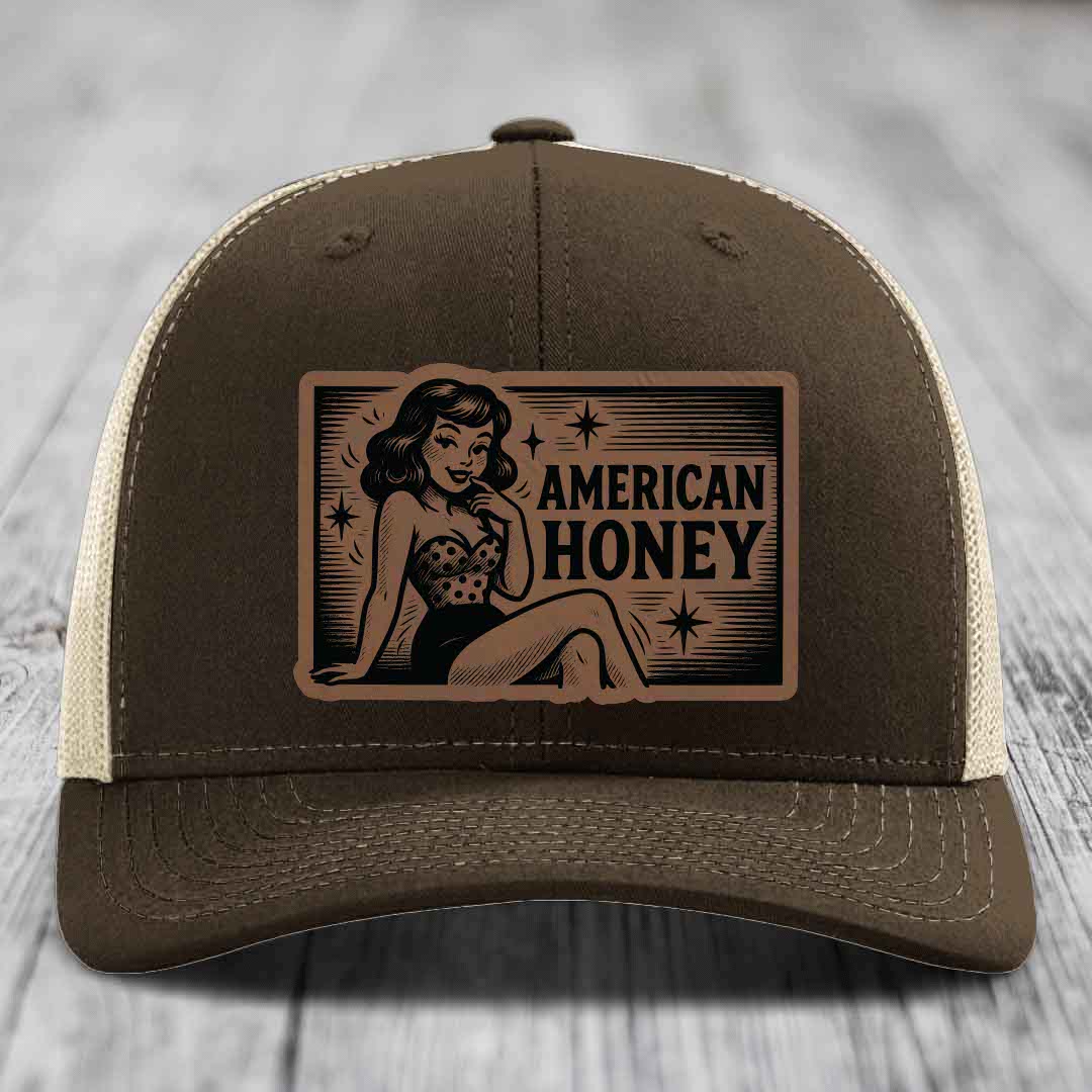 American Honey - Leather Patch Hat - Dark Brown to Black Patch - Richardson 112 Snapback Trucker Hat