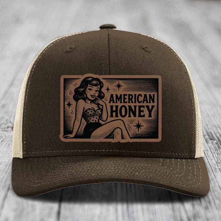 American Honey - Leather Patch Hat - Dark Brown to Black Patch - Richardson 112 Snapback Trucker Hat