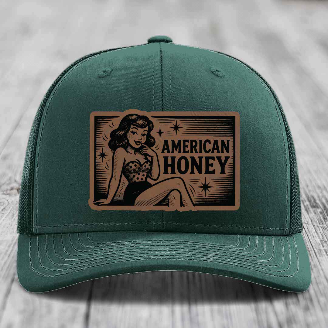 American Honey - Leather Patch Hat - Dark Brown to Black Patch - Richardson 112 Snapback Trucker Hat