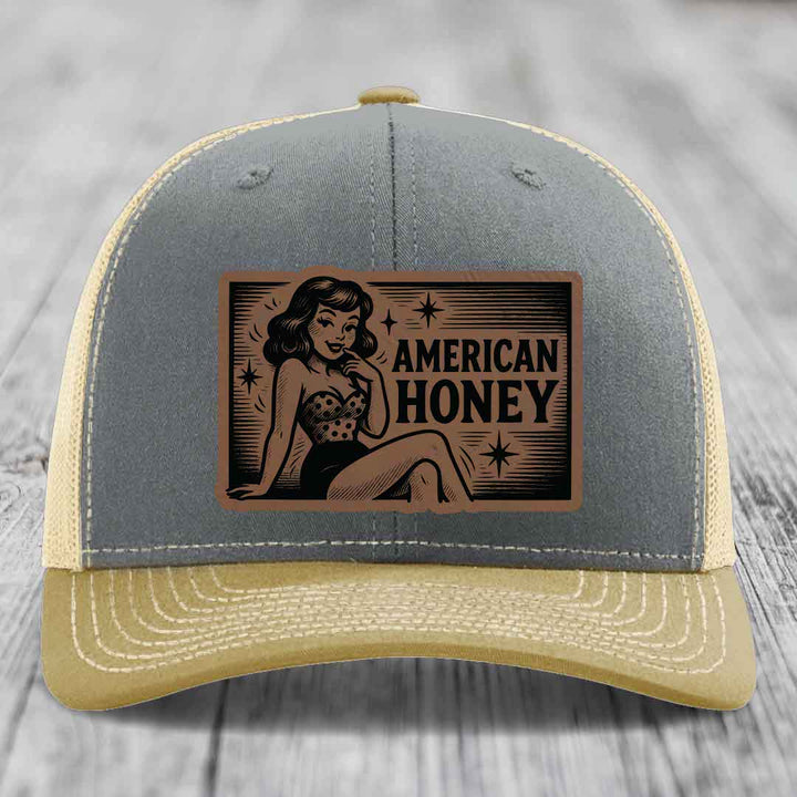 American Honey - Leather Patch Hat - Dark Brown to Black Patch - Richardson 112 Snapback Trucker Hat