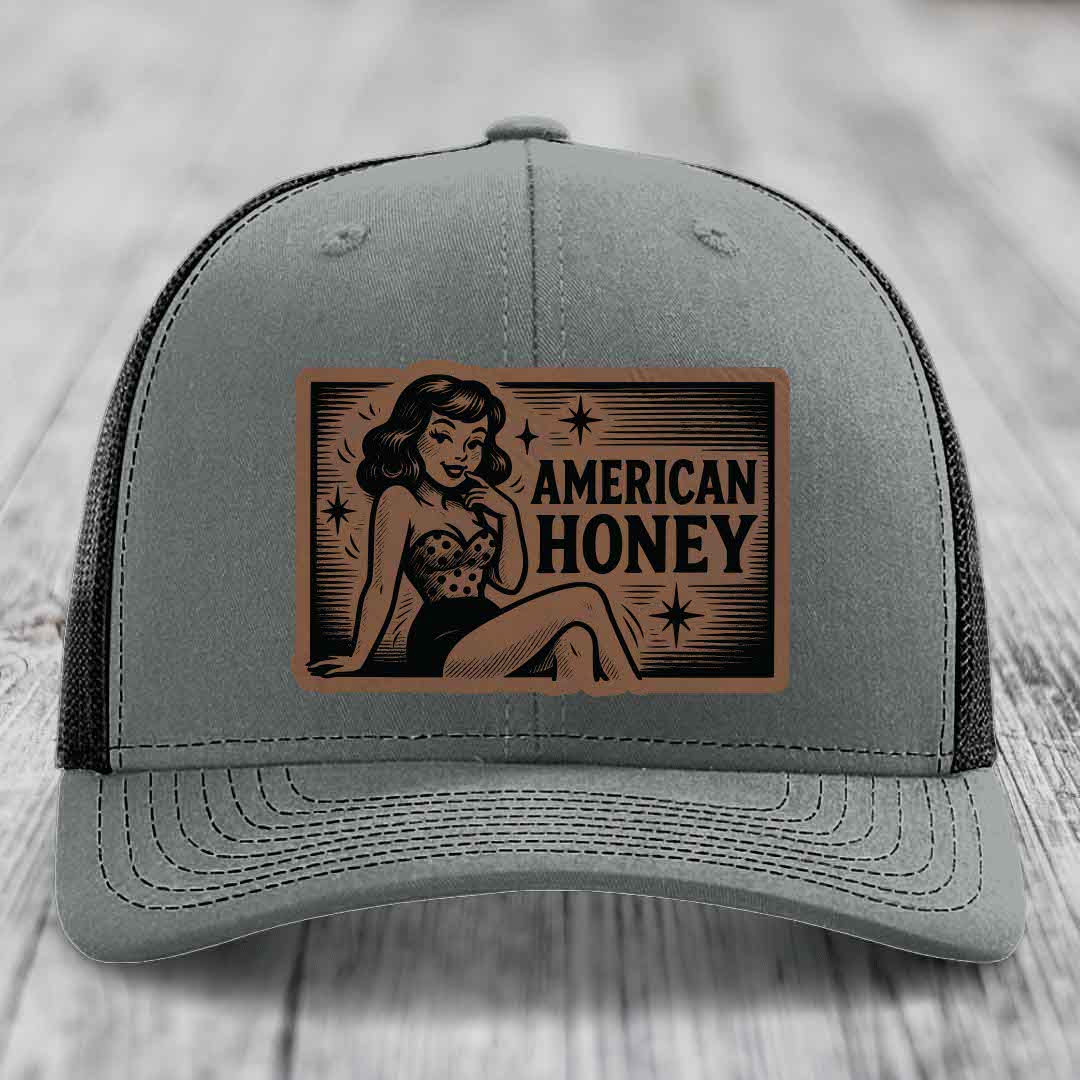 American Honey - Leather Patch Hat - Dark Brown to Black Patch - Richardson 112 Snapback Trucker Hat