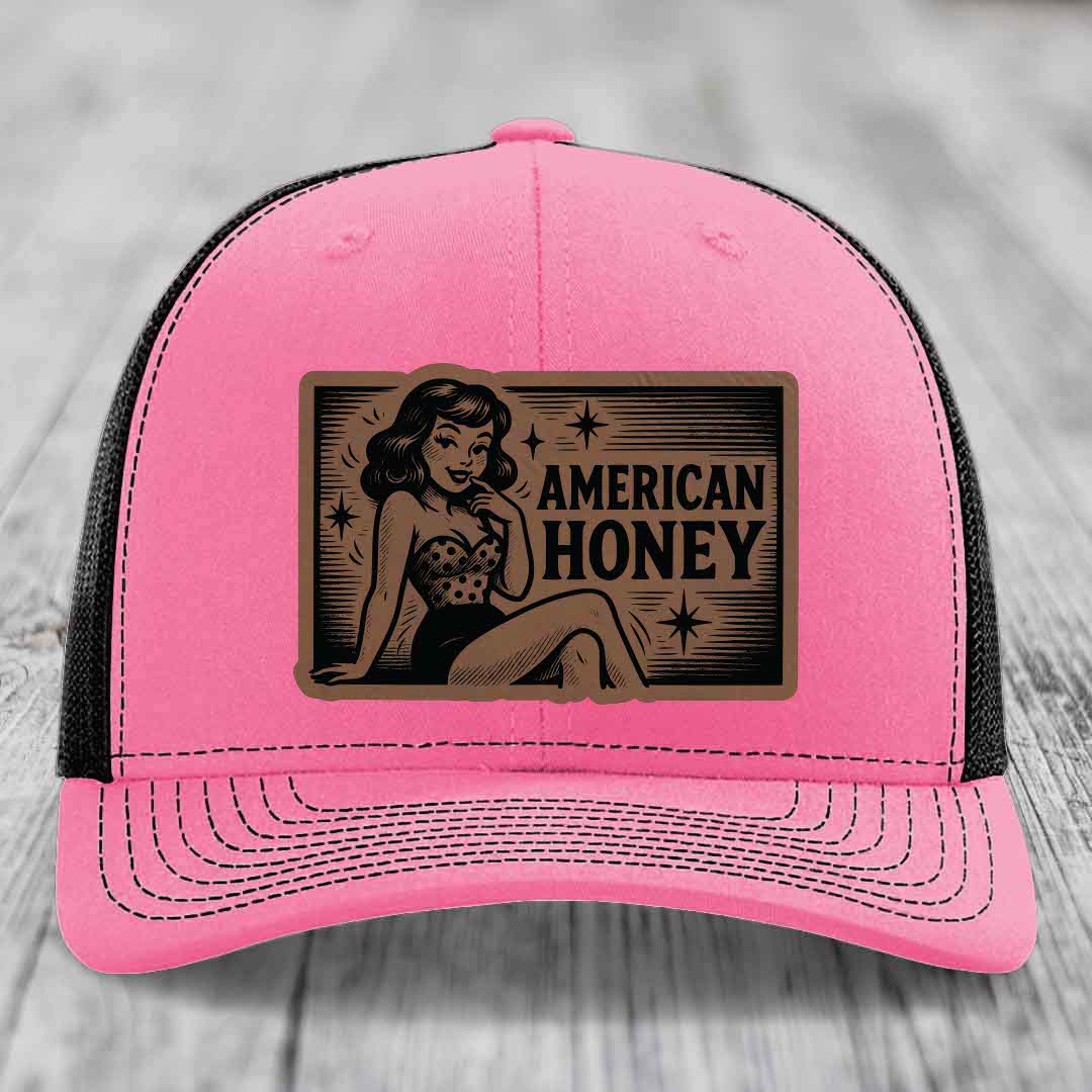 American Honey - Leather Patch Hat - Dark Brown to Black Patch - Richardson 112 Snapback Trucker Hat