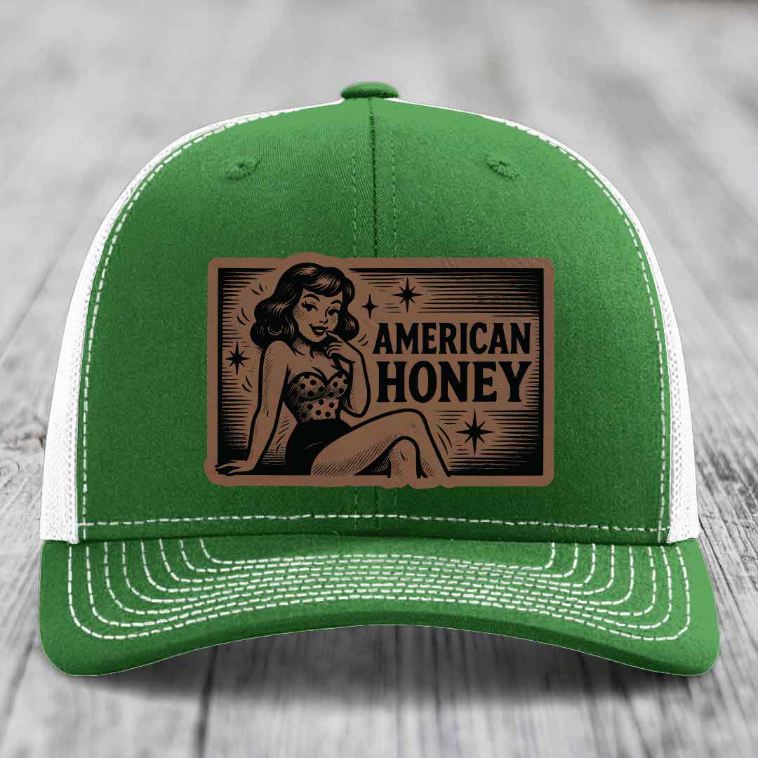 American Honey - Leather Patch Hat - Dark Brown to Black Patch - Richardson 112 Snapback Trucker Hat