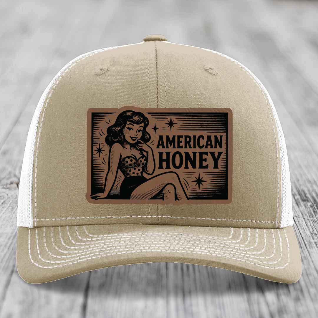 American Honey - Leather Patch Hat - Dark Brown to Black Patch - Richardson 112 Snapback Trucker Hat