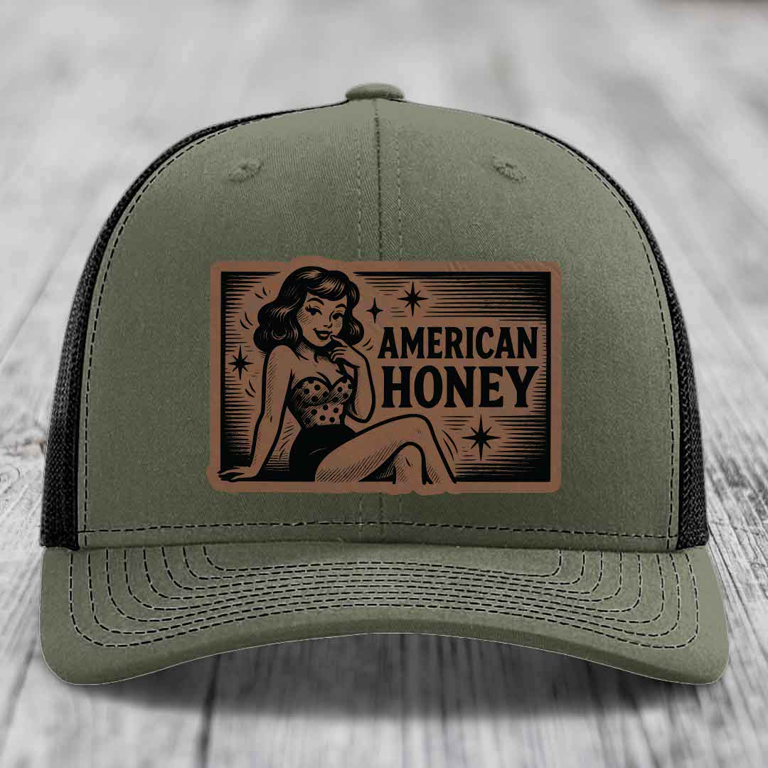 American Honey - Leather Patch Hat - Dark Brown to Black Patch - Richardson 112 Snapback Trucker Hat