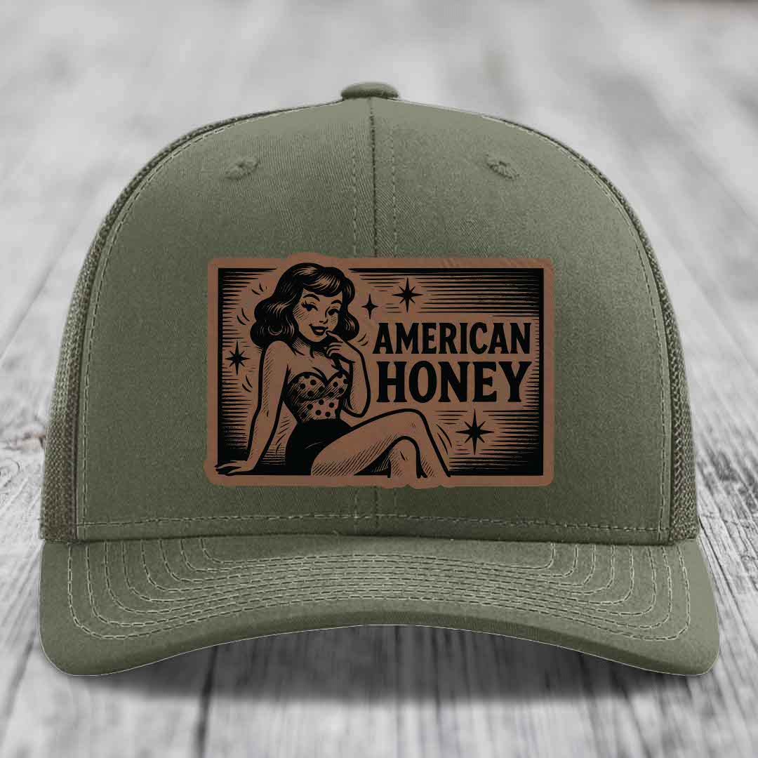 American Honey - Leather Patch Hat - Dark Brown to Black Patch - Richardson 112 Snapback Trucker Hat