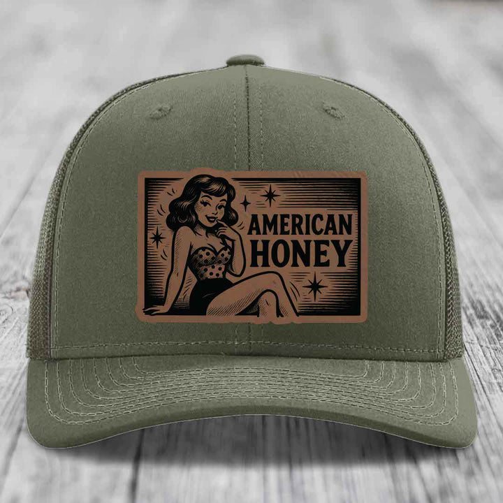 American Honey - Leather Patch Hat - Dark Brown to Black Patch - Richardson 112 Snapback Trucker Hat