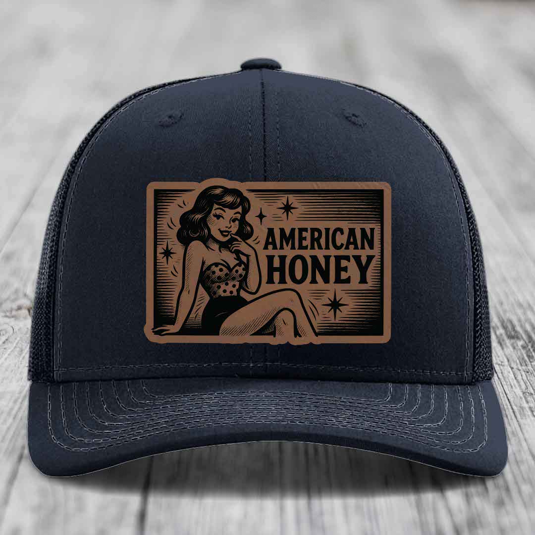 American Honey - Leather Patch Hat - Dark Brown to Black Patch - Richardson 112 Snapback Trucker Hat