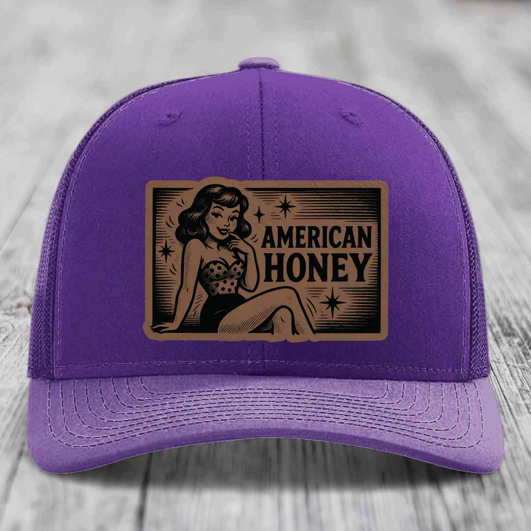 American Honey - Leather Patch Hat - Dark Brown to Black Patch - Richardson 112 Snapback Trucker Hat